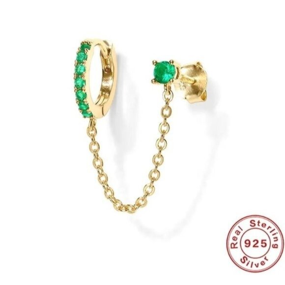 Double Piercing Green  Pave Huggies w/ Chain Tassel Zirconia Pave Huggie Stud - Picture 1 of 6
